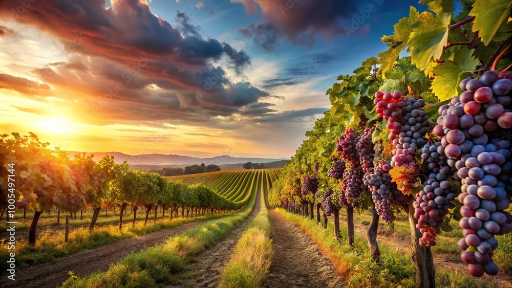 Fototapeta premium Panoramic sunset vineyard scene with ripe grapes
