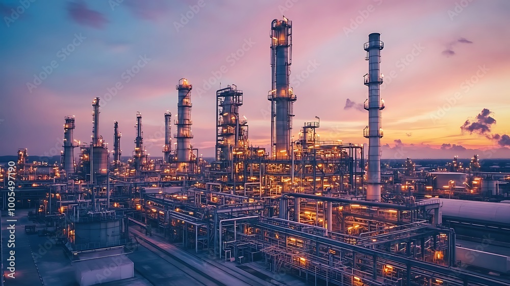 Fototapeta premium overhead shot of an oil refinery at dusk, its steel structures and towering chimneys glowing against the backdrop of a darkening sky