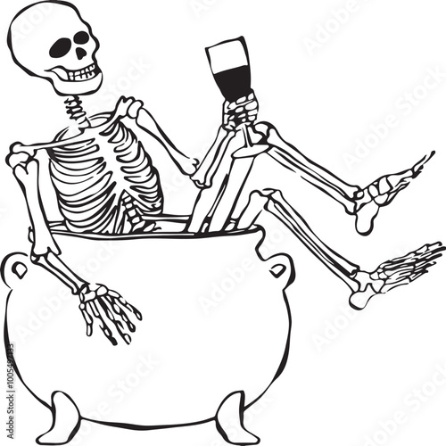 Calavera tomando vino dibujada a mano. Ilustración vectorial de esqueleto.  Halloween