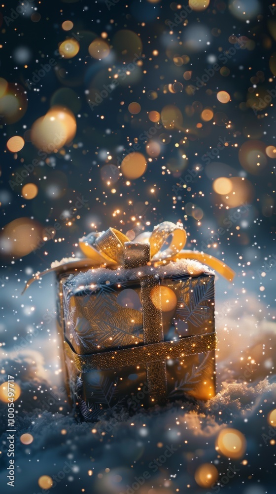A box with a gold bow on top of a snowy surface. The image has a festive and joyful mood, as it is a Christmas scene A box with a gold bow on top of a snowy surface. The image has a festive and joyful mood, as it is a Christmas scene