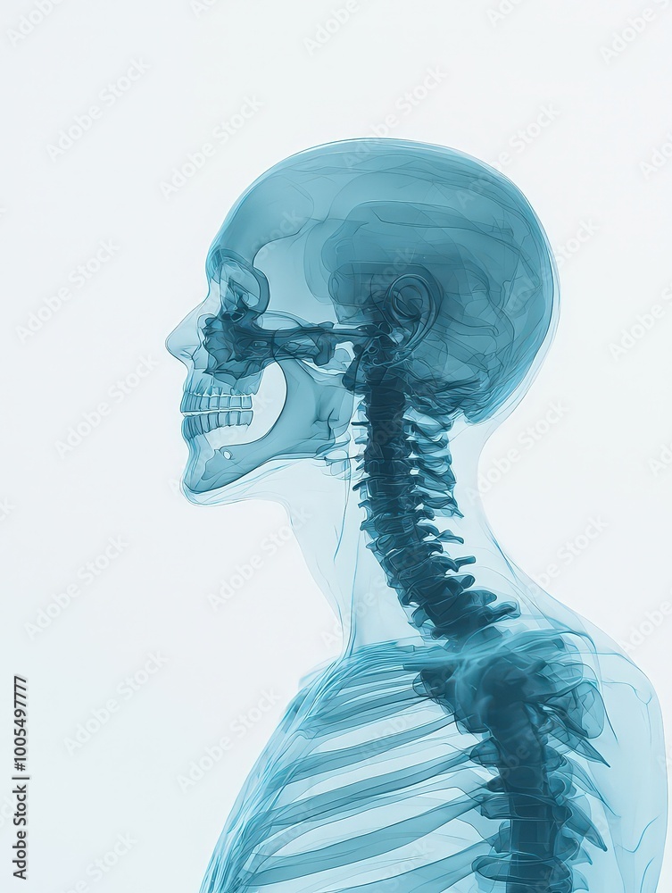 Side view X-ray of the human skeletal system, showcasing the skull and spine with clear detail. Ideal for medical and educational use. Side view X-ray of the human skeletal system, showcasing the skull and spine with clear detail. Ideal for medical and educational use.