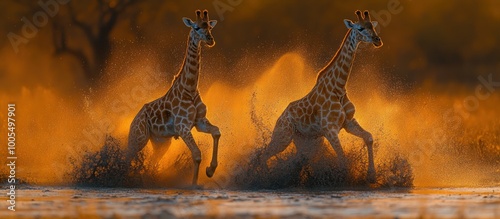Two giraffes running through a dusty waterhole at sunset.
