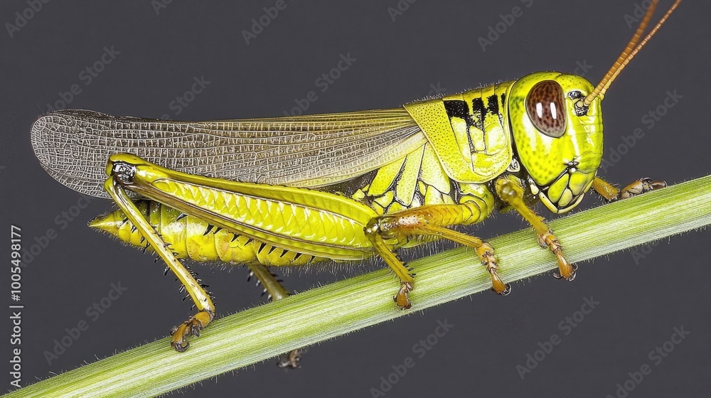 Close-up of a green grasshopper perched on a stem, blending perfectly with its surroundings Close-up of a green grasshopper perched on a stem, blending perfectly with its surroundings