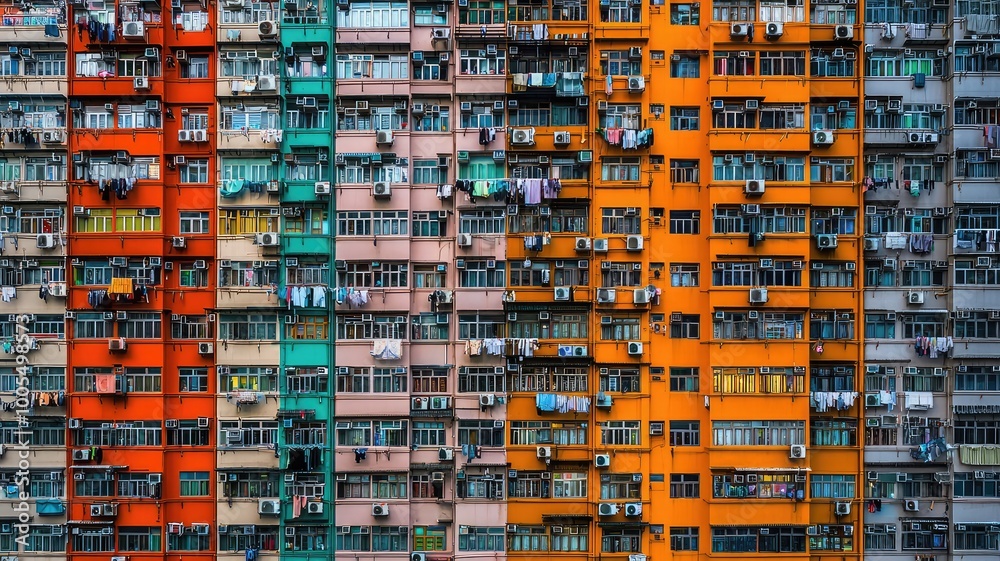 Vibrant urban landscape featuring colorful residential buildings, showcasing dynamic architecture and densely populated living spaces.