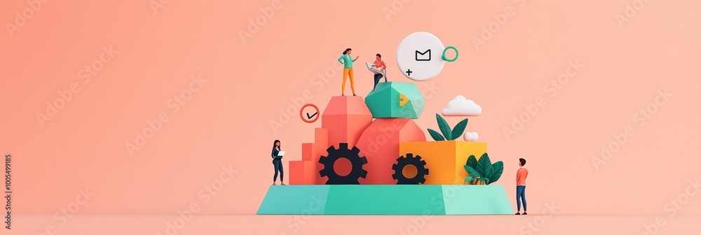 Fototapeta premium Colorful 3D illustration of teamwork and innovation in a digital workspace.