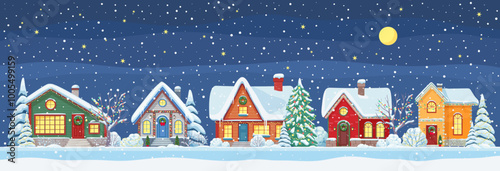 Winter town landscape. Vector Christmas night countryside scene with decorated snowy cottages and frosted trees under full moon and falling snowflakes, create tranquil serene, magical holiday ambiance