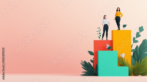 Two women standing on colorful blocks with tropical plants against a pastel background.