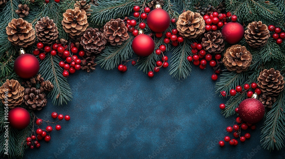 Red Christmas Ornaments, Pine Cones, and Berries on Blue Background Red Christmas Ornaments, Pine Cones, and Berries on Blue Background