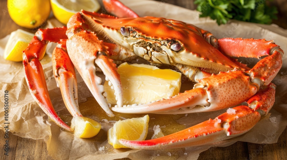 Crab legs served with melted butter and lemon wedges on a rustic wooden table - Crab legs served with melted butter and lemon wedges on a rustic wooden table -