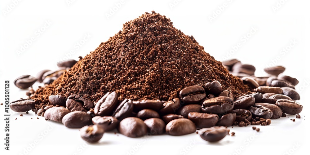 Heap of coffee ground and coffee beans isolated on white background Heap of coffee ground and coffee beans isolated on white background