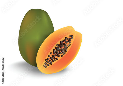 Carica papaya slice, red yellow, orange and green color, isolated on white background. Vector illustration style.
