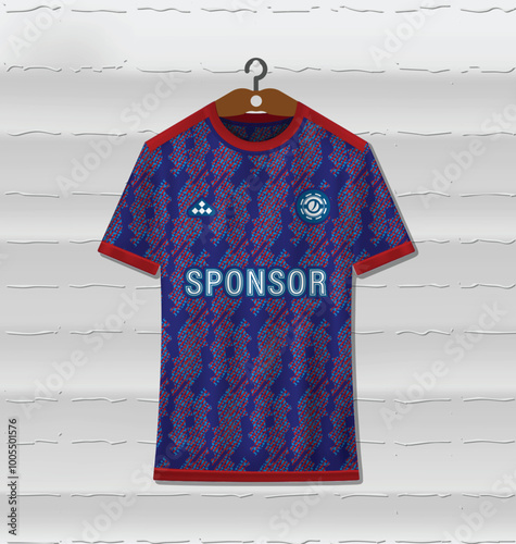 Red and blue combination sports uniform jersey design with an abstract background