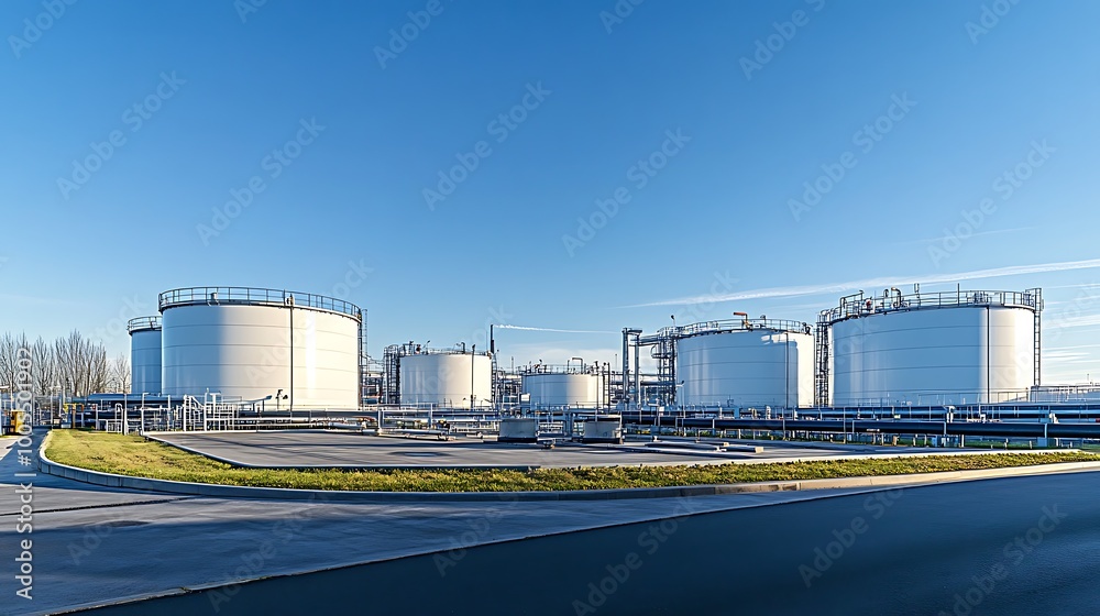 sprawling industrial complex, with large storage tanks and pipelines extending into the distance, set against a clear blue sky sprawling industrial complex, with large storage tanks and pipelines extending into the distance, set against a clear blue sky