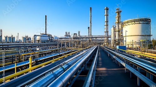 sprawling industrial complex, with large storage tanks and pipelines extending into the distance, set against a clear blue sky