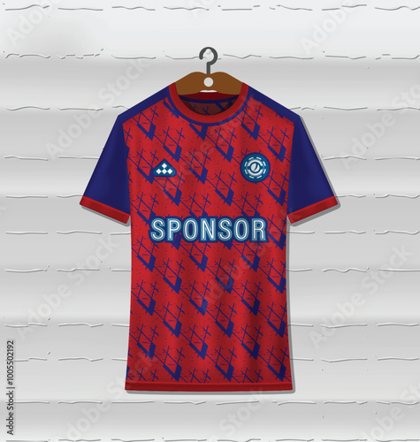 Red and blue combination sports uniform jersey design with a modern abstract background