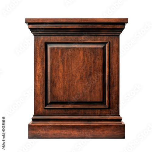 Wooden pedestal with elegant design, white isolate background.