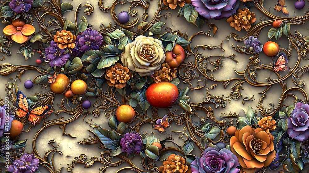 Naklejka premium Intricate floral and fruit pattern with vivid colors and ornate details