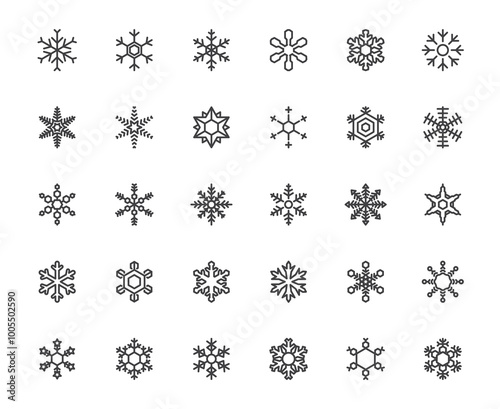 Simple vector multiple snowflake outline icon set on white background, Christmas ornament and winter frozen concept, 48x48 pixel perfect editable stroke on white background