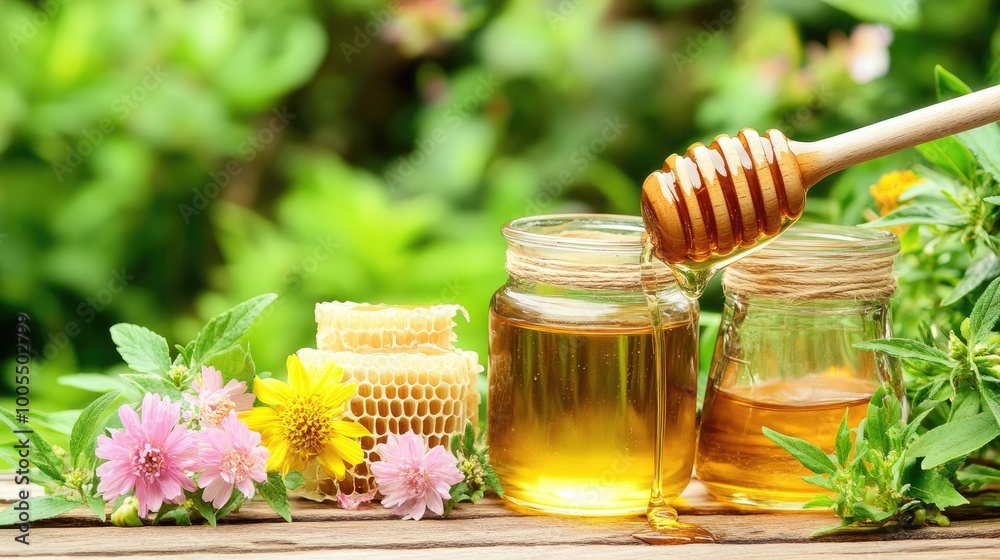 Fresh honey dripping from a wooden dipper into a glass jar, surrounded by honeycombs and flowers Fresh honey dripping from a wooden dipper into a glass jar, surrounded by honeycombs and flowers