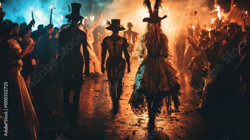 Costumed Figures Walking Through Smoke and Fire