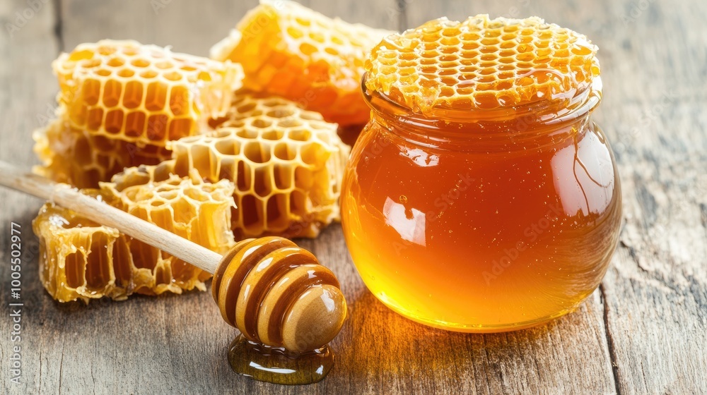 Fresh honeycomb close-up with golden honey dripping down, set on a rustic wooden table