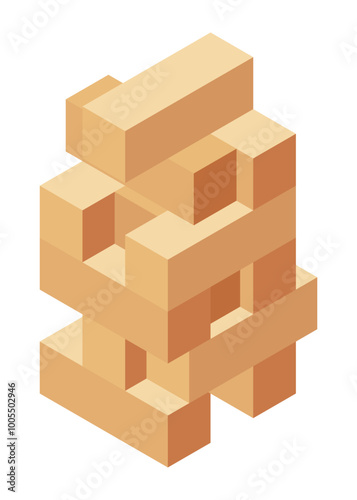 Board game, flat isometric view. Isolated colored icon of jenga. Cartoon family table game for adults and kids for leisure and recreation. Vector illustration.