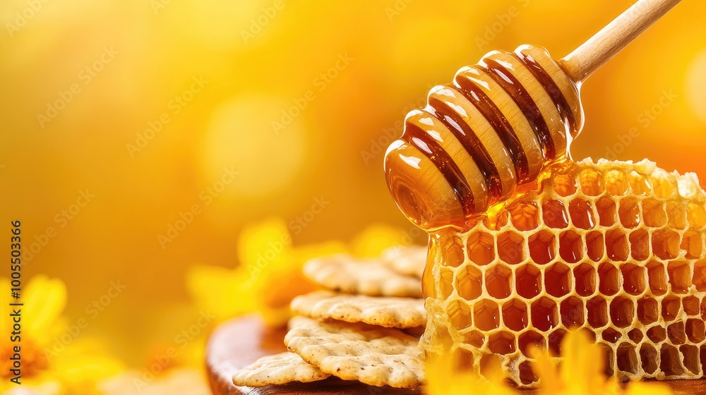 Fresh honeycomb served with soft goat cheese and crackers on a wooden board Fresh honeycomb served with soft goat cheese and crackers on a wooden board