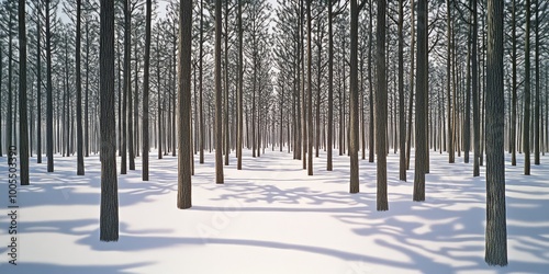 Wallpaper Mural A serene winter forest filled with tall, slender trees casting intricate shadows on the pristine snow, inviting exploration and tranquility on a cold day Torontodigital.ca