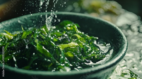 Fresh green seaweed is drenched in water, highlighting its vibrant color and texture in a dark bowl, surrounded by splashes.