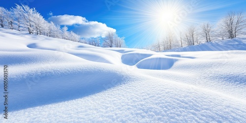 A serene winter landscape bathed in sunlight, showcasing soft snow drifts and a clear blue sky over a peaceful frosty terrain during a bright sunny day