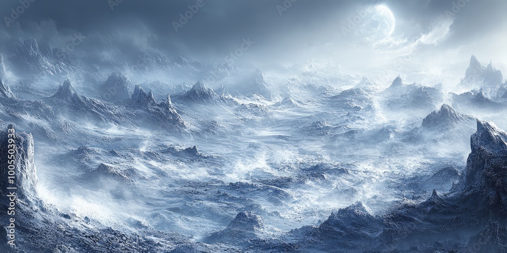 A breath of winter's chill over a vast, icy landscape with rugged peaks and a hauntingly beautiful moonlit sky illuminating the serene yet wild terrain A breath of winter's chill over a vast, icy landscape with rugged peaks and a hauntingly beautiful moonlit sky illuminating the serene yet wild terrain