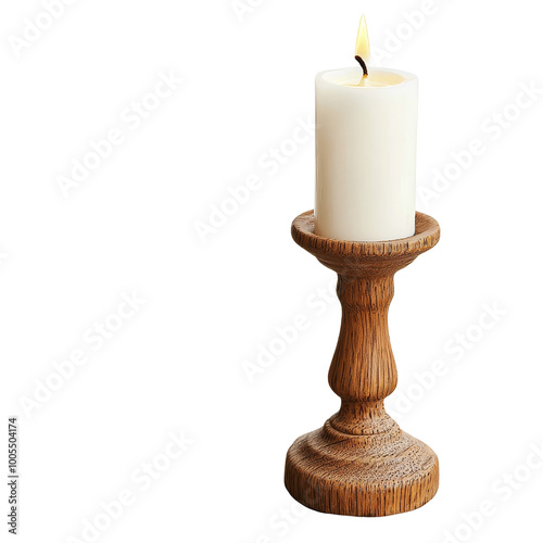 Elegant candle on wooden holder, perfect for creating warm ambiance.