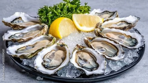 Freshly shucked oysters served on ice with mignonette sauce and lemon wedges