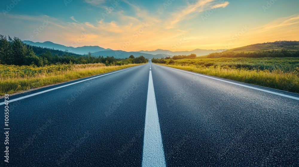 Naklejka premium A scenic road stretches into the horizon under a colorful sunset sky.