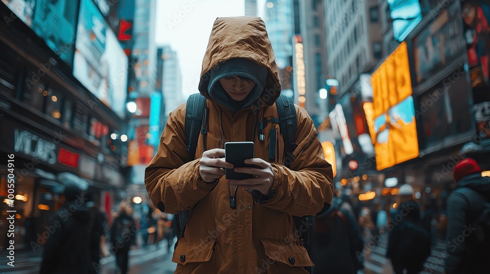 Hacker working on a mobile device, hacking into a system while on the move in a busy urban environment Hacker working on a mobile device, hacking into a system while on the move in a busy urban environment