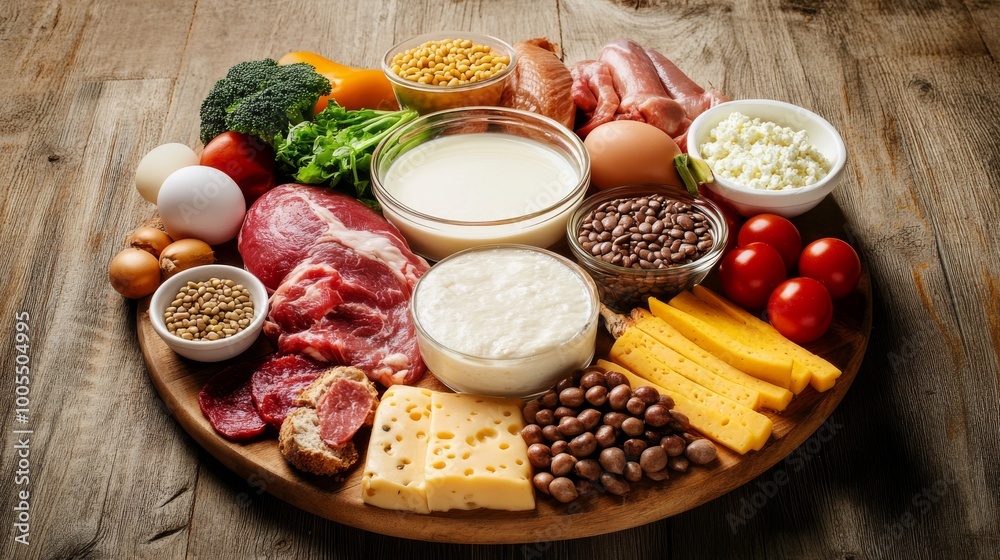 A vibrant assortment of fresh ingredients including meats, vegetables, dairy, and legumes arranged on a wooden platter. A vibrant assortment of fresh ingredients including meats, vegetables, dairy, and legumes arranged on a wooden platter.