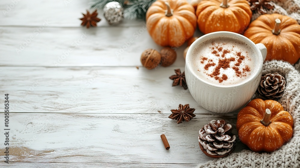 Cozy Autumn Still Life with Pumpkin Spice Latte and Fall Decor