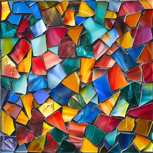 A striking abstract mosaic of brightly colored glass pieces forming sharp, angular shapes in a bold, modern composition. 8k UHD, suitable for high-quality printing or digital display. 