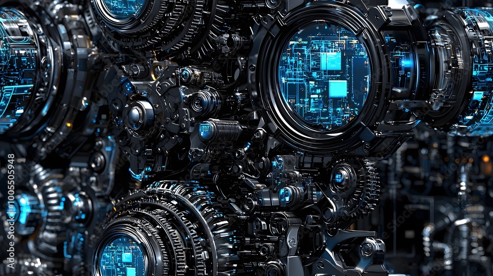 Fototapeta premium Futuristic cybernetic machinery with complex circuitry and neon blue elements