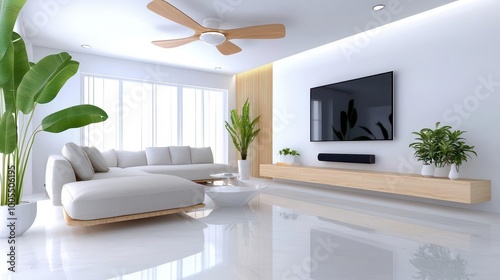 A modern living room with light furniture, wooden accents, and minimalist decor, featuring indoor plants for a touch of nature