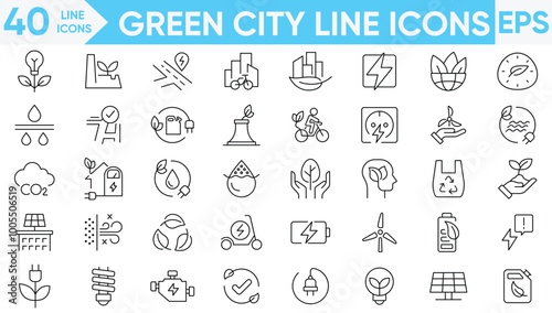 Green city line icons vector and illustrator