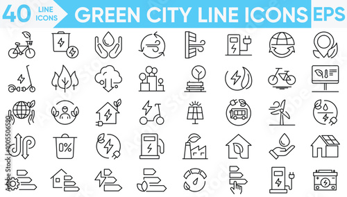 Green city line icons vector and illustrator