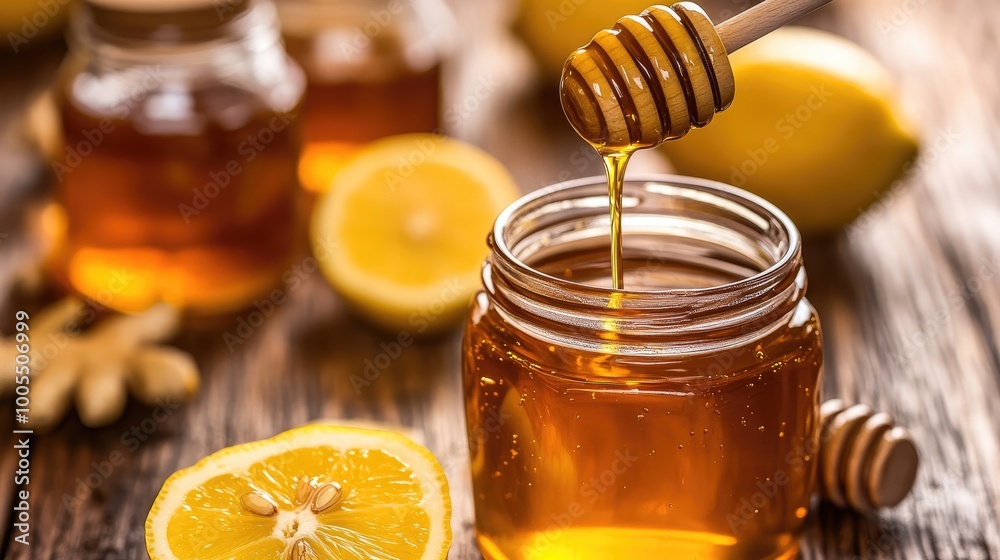 Honey pouring into a cup of lemon ginger tea, with a honey jar and fresh lemons on the side Honey pouring into a cup of lemon ginger tea, with a honey jar and fresh lemons on the side