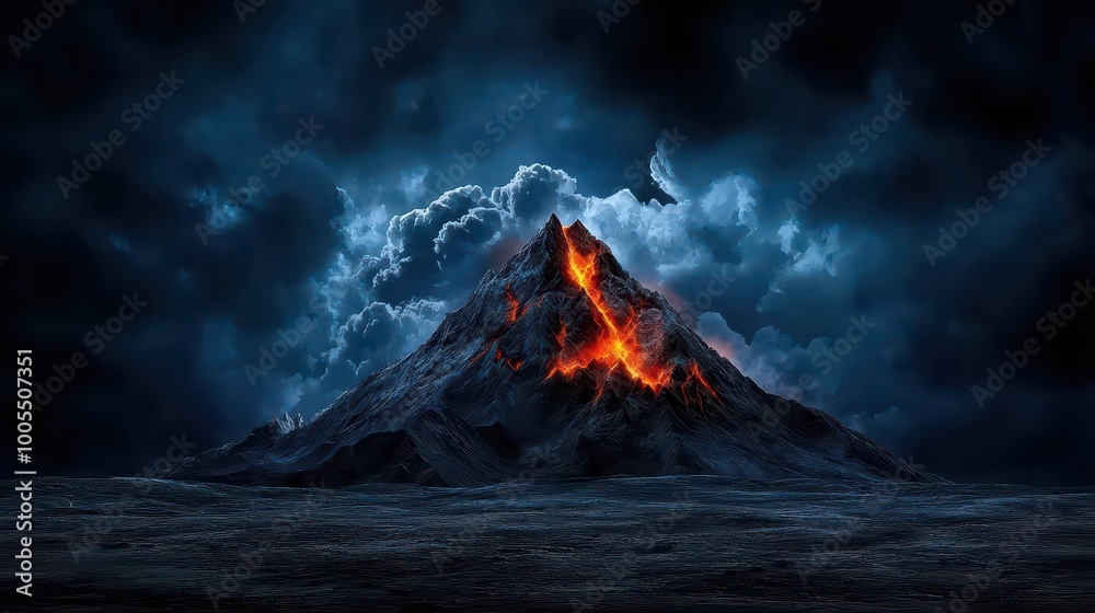 A mysterious, dramatic mountain peak rising into the stormy sky with dark clouds overhead A mysterious, dramatic mountain peak rising into the stormy sky with dark clouds overhead