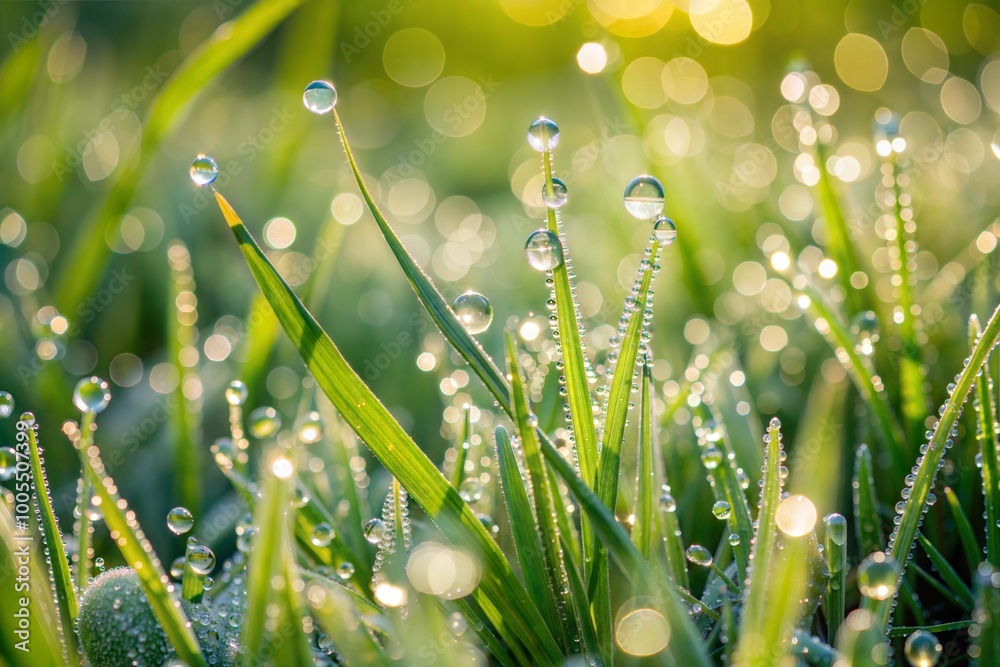 Fototapeta premium Macro photo of morning dew drops on grass in sunlight