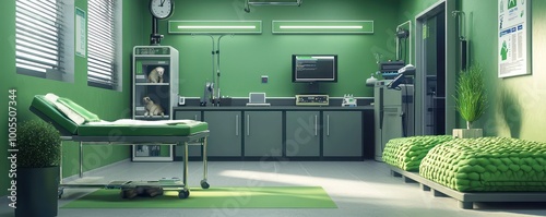 A green-themed veterinary clinic that uses sustainable practices, from energy-efficient diagnostic tools to recycled-material pet beds