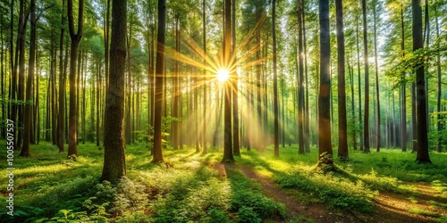 panoramic view of sun shining through thick summer forest