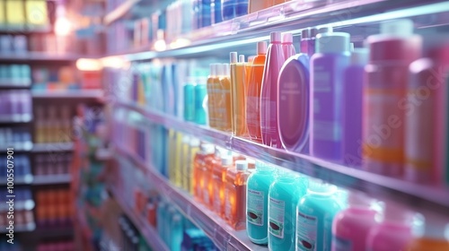 Estantes de supermercado llenos de coloridos productos de cuidado personal y belleza, organizados en filas, con una iluminación suave y ambiente moderno