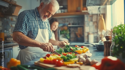 A cheerful elderly man prepares fresh vegetables in a sunlit kitchen, sharing cooking moments with a younger companion.