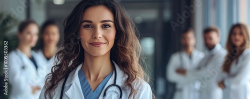 A self-assured female physician in front of the team